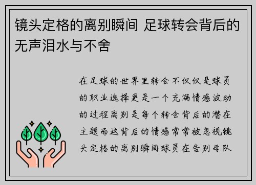 镜头定格的离别瞬间 足球转会背后的无声泪水与不舍