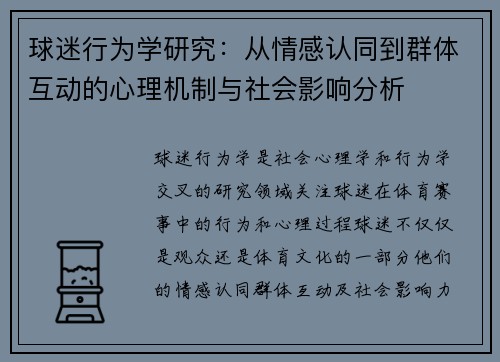 球迷行为学研究：从情感认同到群体互动的心理机制与社会影响分析